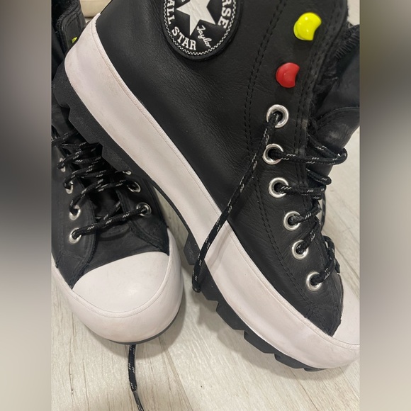 Converse Black and White leather High-Tops with Yellow and red Accent!Beautiful - Picture 3 of 14